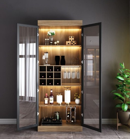 Kệ tủ rượu đứng gỗ MDF lõi xanh 2 cánh kính mở trang trí phòng khách TR35