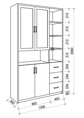 Tủ kệ tài liệu gỗ cánh kính mở và 3 ngăn kéo KSG111