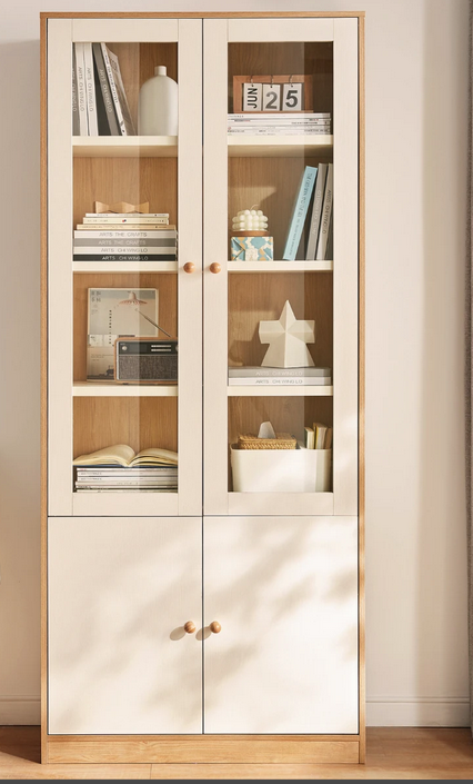 Mẫu tủ kệ sách đứng gỗ công nghiệp cánh kính mở KGĐ18