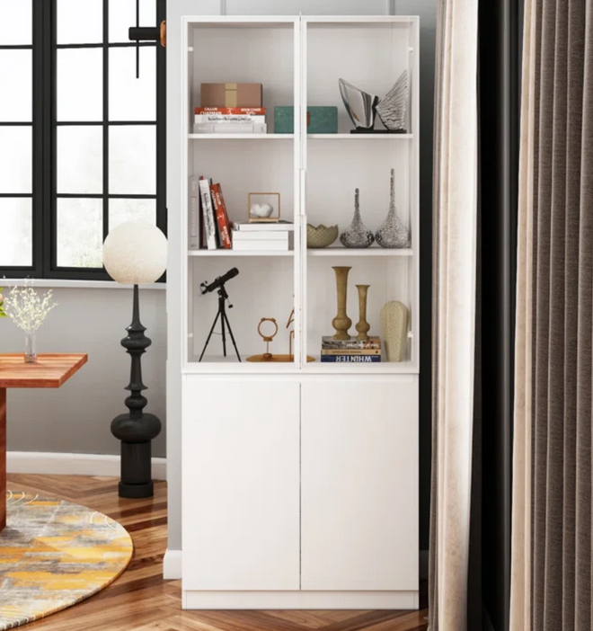 Tủ kệ sách đứng gỗ công nghiệp cánh nhôm kính để đồ trang trí KGĐ24