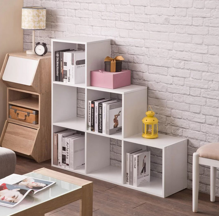 Giá kệ sách gỗ 3 tầng ô vuông bậc thang trang trí phòng khách đẹp KGĐ80