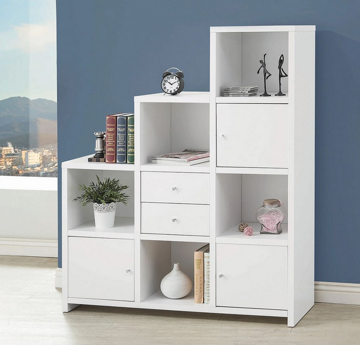 Tủ kệ gỗ để sách 3 tầng ô vuông bậc thang có ngăn kéo cánh mở KGĐ91