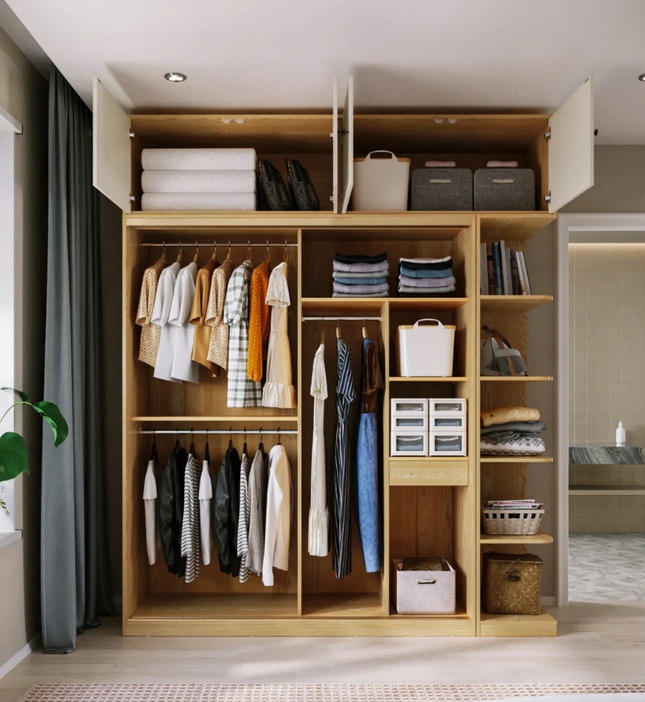 Mẫu tủ quần áo gỗ cánh lùa rộng 2m cao trồng tầng kết hợp kệ góc TAO17