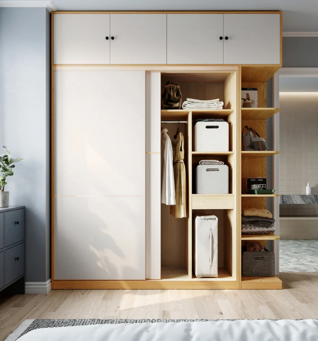 Mẫu tủ quần áo gỗ cánh lùa rộng 2m cao trồng tầng kết hợp kệ góc TAO17