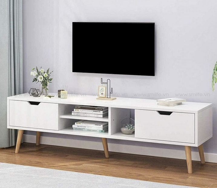 Kệ tivi để sàn phòng khách chân gỗ có ngăn kéo đơn giản đẹp TKTV21