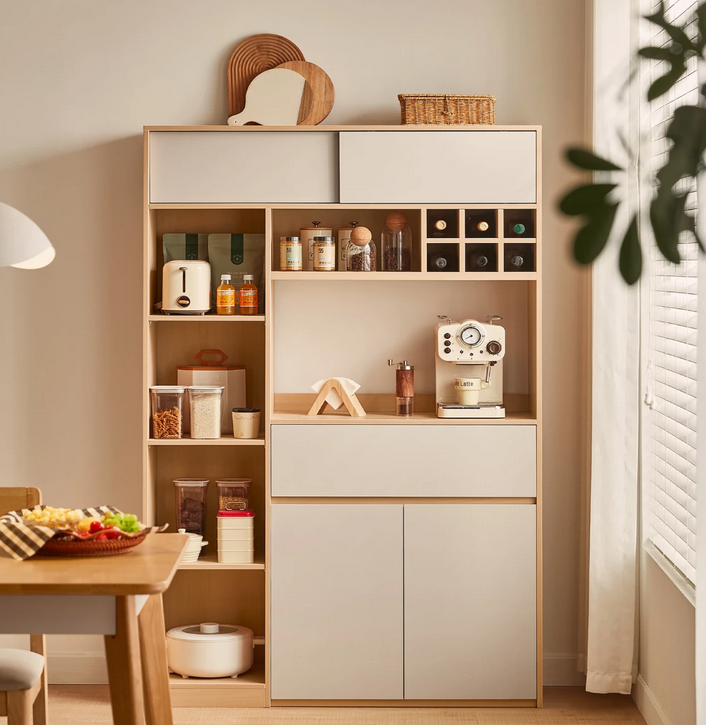 Các mẫu tủ kệ nhà bếp gỗ cánh mở nhiều ngăn có ô để rượu đa năng TUBEP04