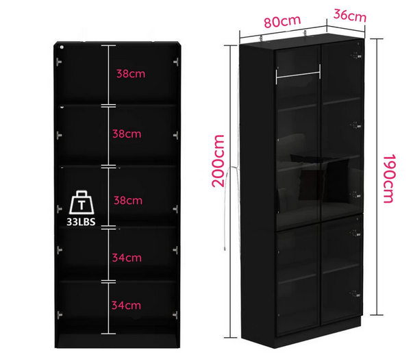 Tủ gỗ cánh nhôm kính để rượu trang trí 5 tầng có đèn LED hiện đại KR03
