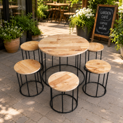 Bàn ghế tròn cafe chân sắt mặt gỗ tự nhiên BQA25/GQA25