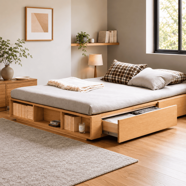 Giường hộp gỗ công nghiệp có kệ sách trang trí và ngăn kéo GCN14