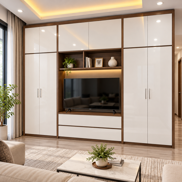 Tủ quần áo gỗ công nghiệp kết hợp kệ để tivi hiện đại TQA79