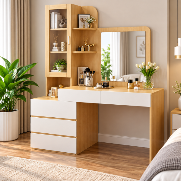 Bàn trang điểm gỗ hiện đại đẹp có tủ kính BTĐ05