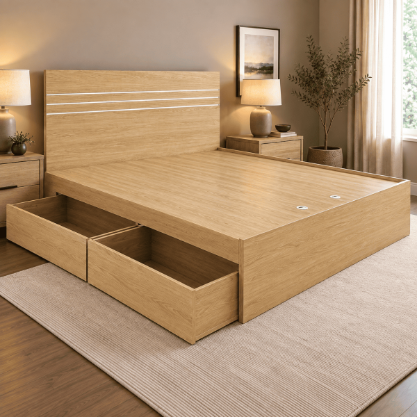Giường ngủ gỗ kẻ chỉ nhôm bạc trang trí có ngăn kéo đẹp GCN56