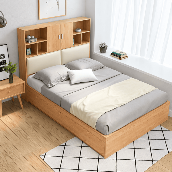 Giường ngủ gỗ MDF GCN61 có 3 ngăn kéo kèm kệ sách
