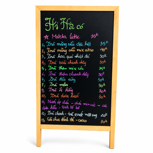 Bảng menu khung gỗ BMN01 liền chân 1 mặt đen viết phấn, bút huỳnh quang cho quán ăn, cafe
