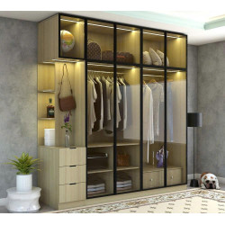 Tủ quần áo cánh nhôm kính mở có kệ góc trang trí đèn LED TQA12