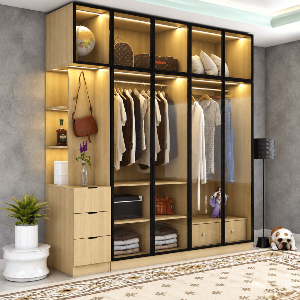 Tủ quần áo cánh nhôm kính mở có kệ góc trang trí đèn LED TQA12
