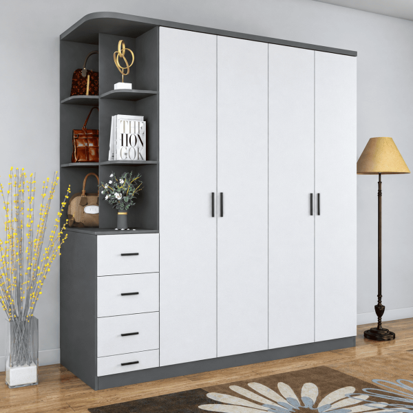 Tủ quần áo gỗ MDF 4 cánh mở kết hợp kệ góc trang trí TQA13