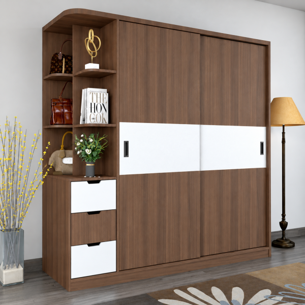 Tủ quần áo gỗ cánh lùa có kệ góc trang trí phối màu TQA16