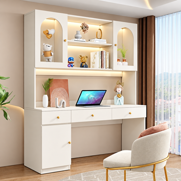 Bàn làm việc học sinh liền giá sách gỗ có đèn LED đẹp BLG01