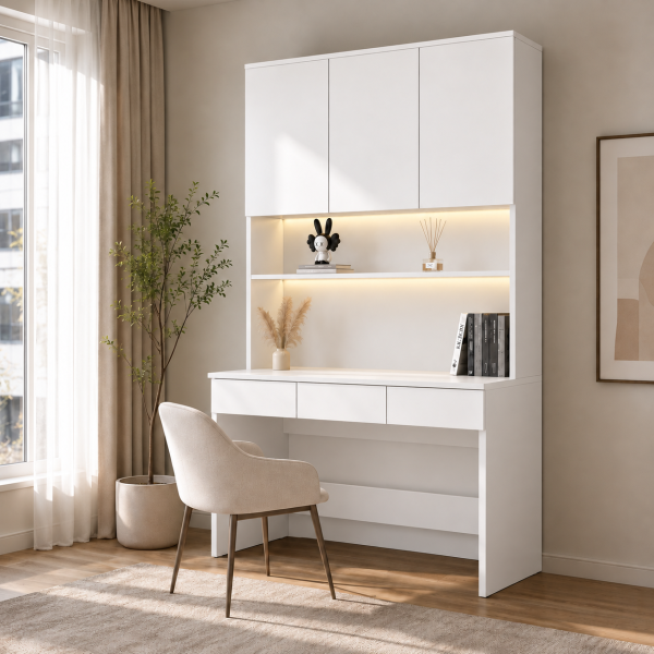 Bàn học liền giá sách gỗ MDF có đèn LED đẹp hiện đại BLG02