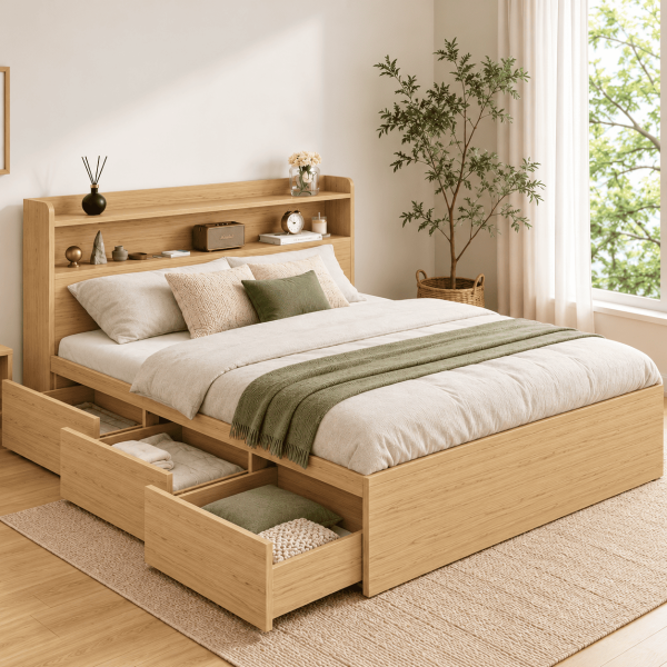 Giường ngủ gỗ có ngăn kéo, kệ đầu giường trang trí hiện đại GCN28