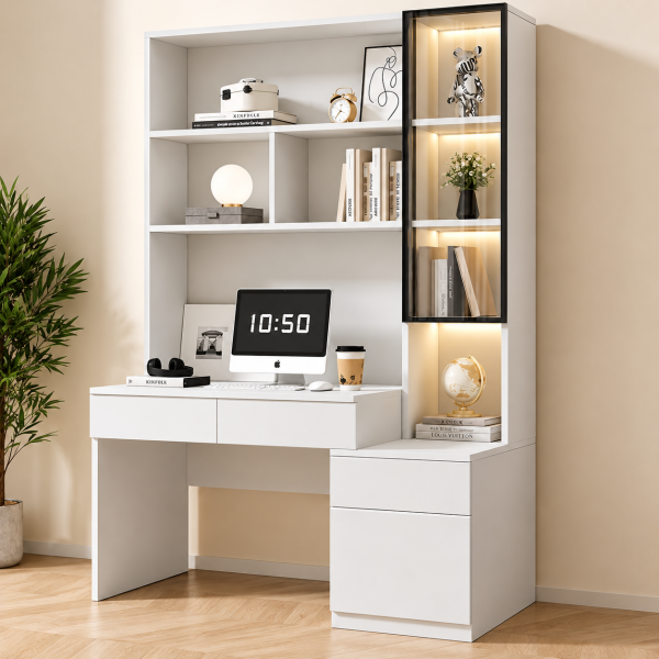 Bàn học làm việc liền giá sách cánh nhôm kính đèn LED hiện đại BLG03