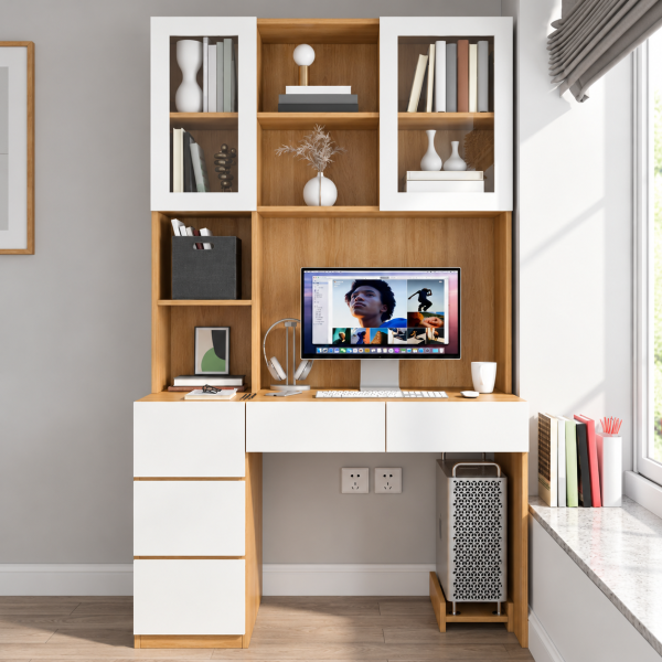 Bàn làm việc máy tính gỗ liền giá sách cánh kính BLG04