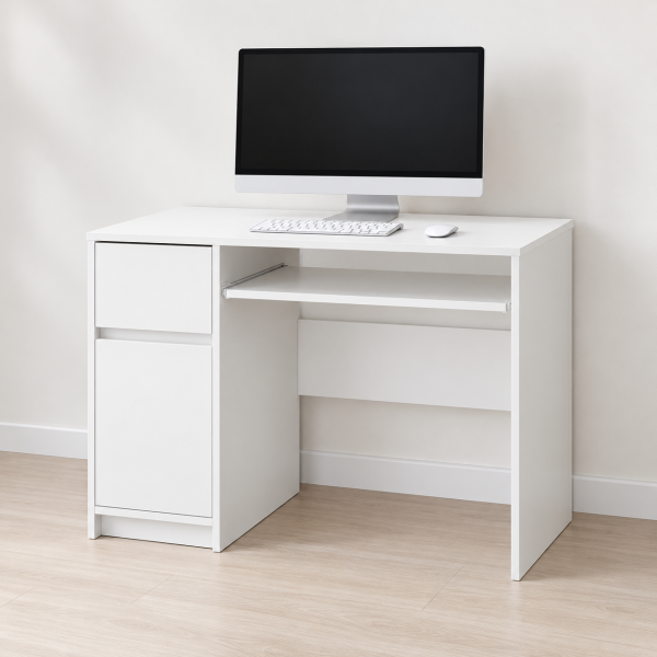 Mẫu bàn làm việc máy tính có bàn phím hộc liền gỗ MDF BLV05