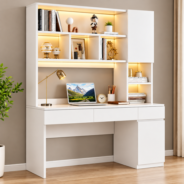 Bàn học làm việc gỗ có giá sách trang trí đèn LED đẹp BLG06